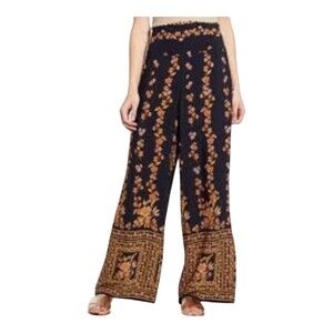Band Of Gypsies Womens 1X Black Floral Wide Leg‎ Pants Bohemian Chic